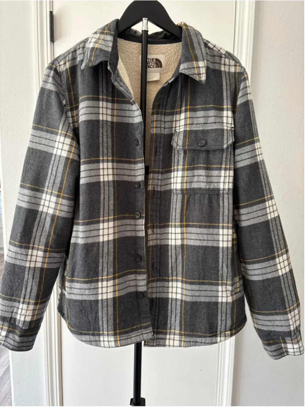 The North Face Campshire Flannel Shirt Jacket Sherpa Lined Plaid Gray Men's M